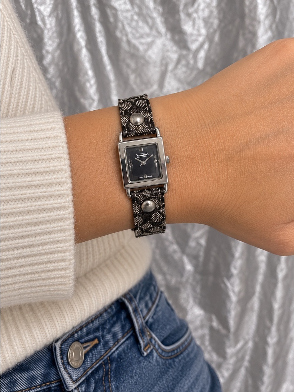 Vintage Coach Women’s Signature C Canvas Watch No 902 Square Silver Tone Y2K